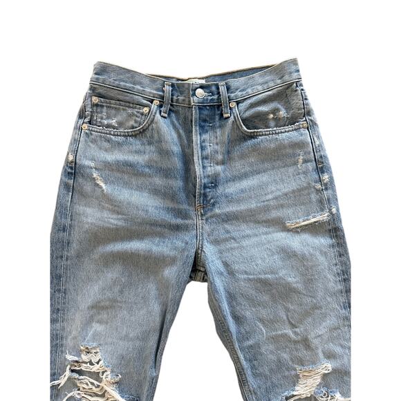 Agolde - 90's Mid Rise Loose Fit Distressed Ripped Straight Leg Jeans in Blue - Picture 2 of 6